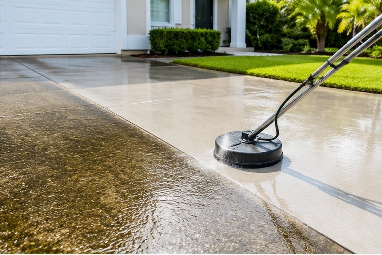 Pressure washing a dirty residential concrete driveway