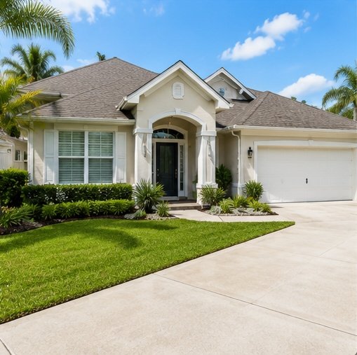 Clean Florida-style residential home with a freshly washed driveway and landscaped yard.