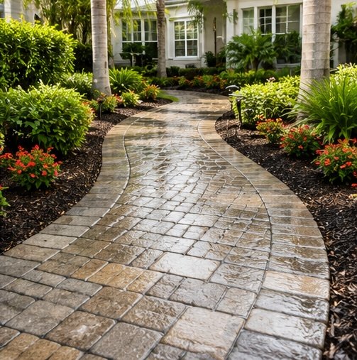 Freshly cleaned residential walkway surrounded by Florida landscaping