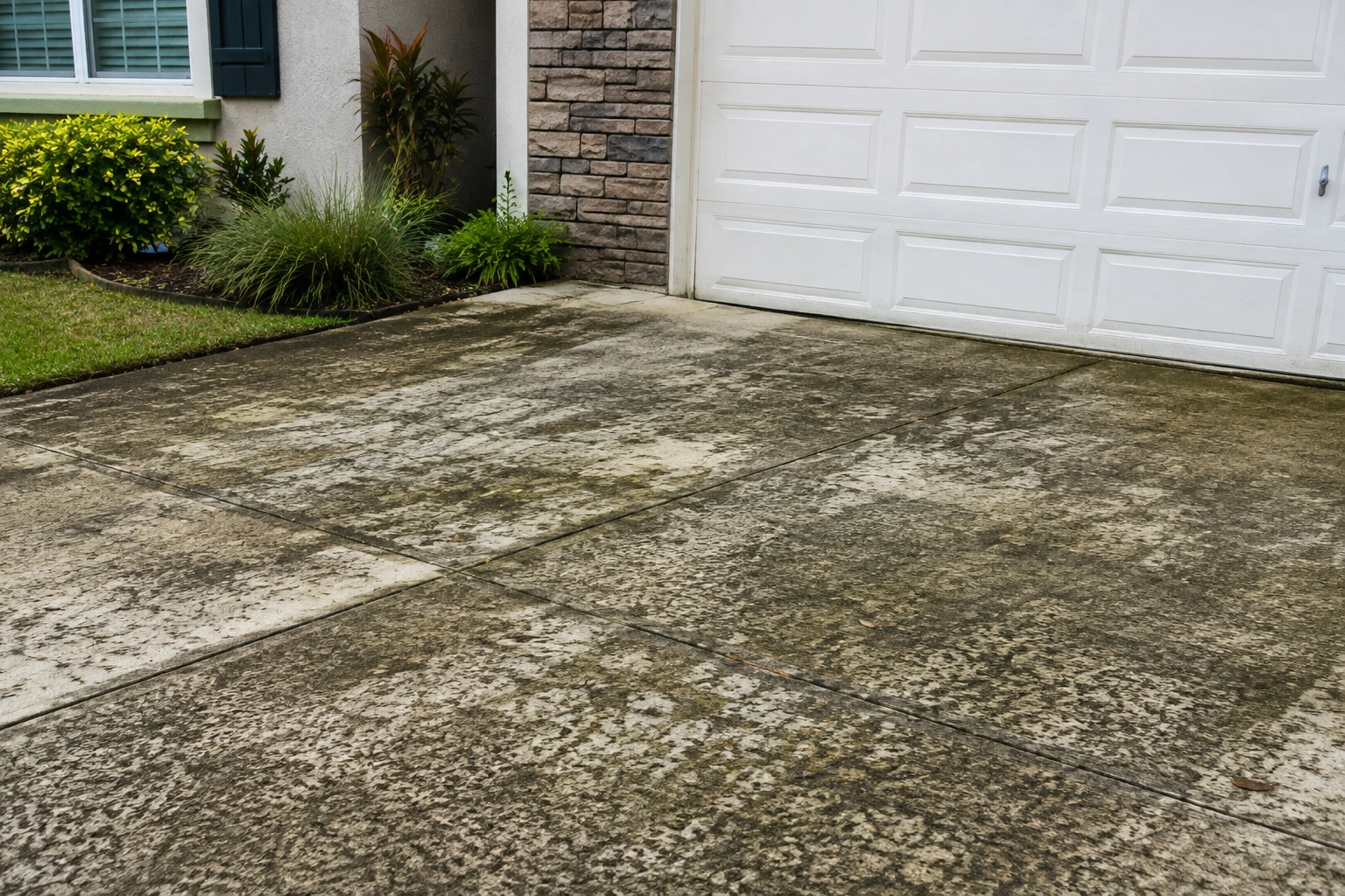 Dirty residential concrete driveway with heavy mold, mildew, and grime buildup in front of a suburban garage.