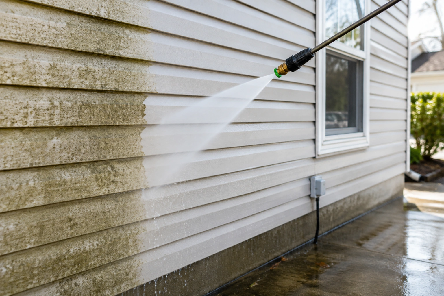 Pressure washing dirty and mildew-stained house siding