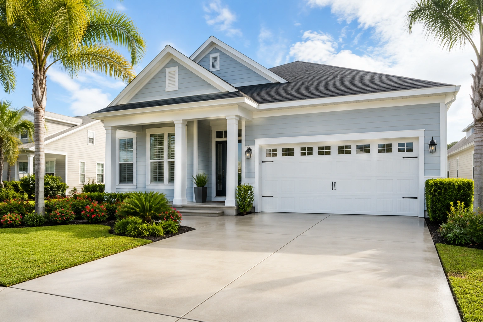 Freshly cleaned Florida-style home exterior with a spotless driveway, clean siding, landscaped yard, and palm trees.