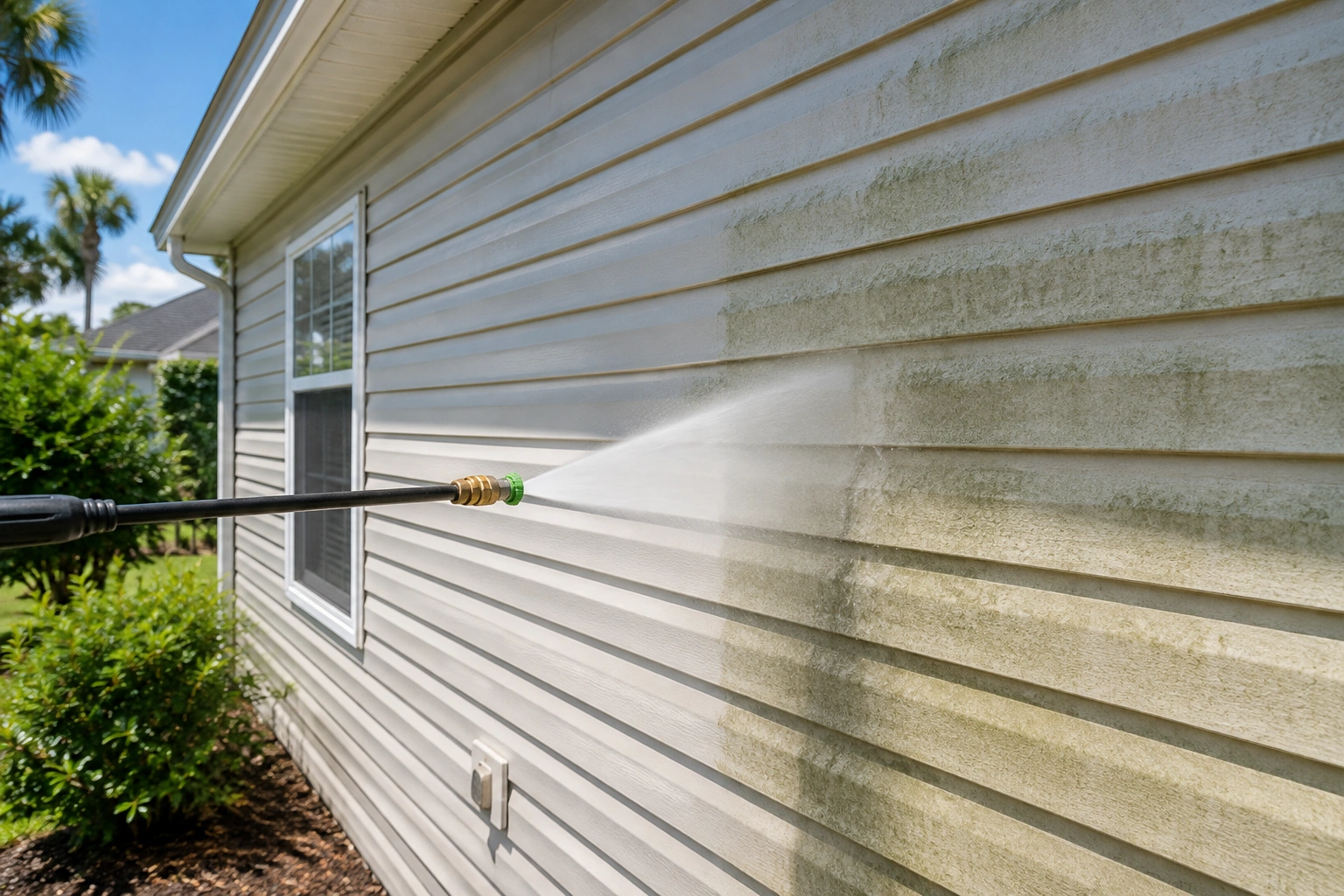 Pressure washing mold and mildew from residential house siding