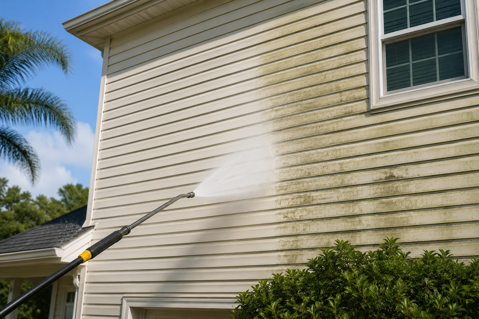Pressure washing mold and mildew from residential house siding